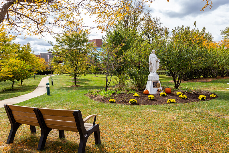 Peaceful landscaped path with trees and blooming flowers at Amazing Grace Senior Living