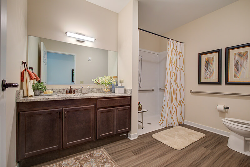 Accessible senior living bathroom with wide vanity, shower, and grab bars at Amazing Grace Senior Living