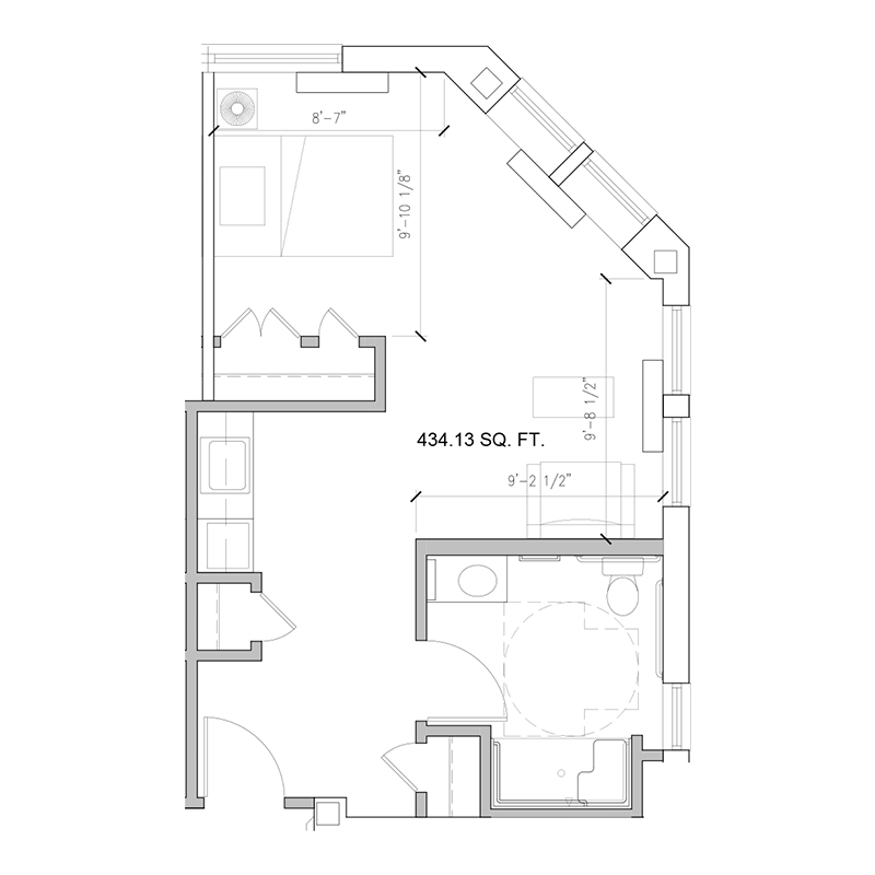 Floor plan of a 434-square-foot senior living apartment unit at Amazing Grace Senior Living featuring bedroom, kitchenette, and private bathroom