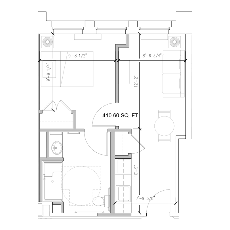 Floor plan of a 410-square-foot senior living apartment unit B103 at Amazing Grace Senior Living with bedroom, living area, and private bathroom