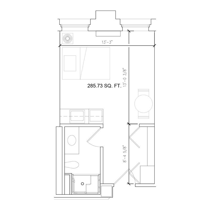 Floor plan of a 286-square-foot studio apartment unit B109 at Amazing Grace Senior Living with bedroom, kitchenette, and private bathroom