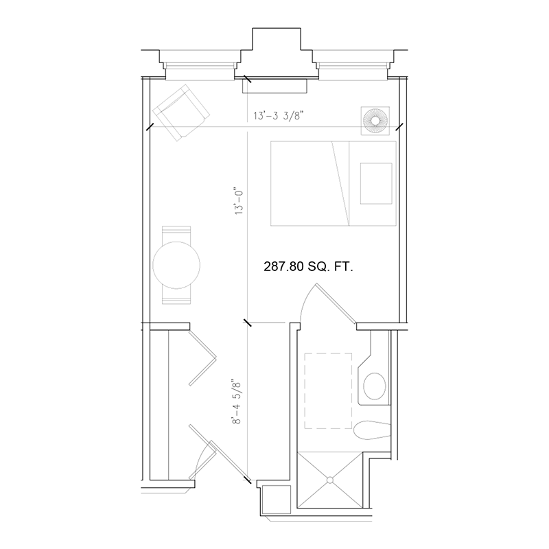 Floor plan of a 288-square-foot studio apartment unit B304 at Amazing Grace Senior Living with open layout and private bathroom