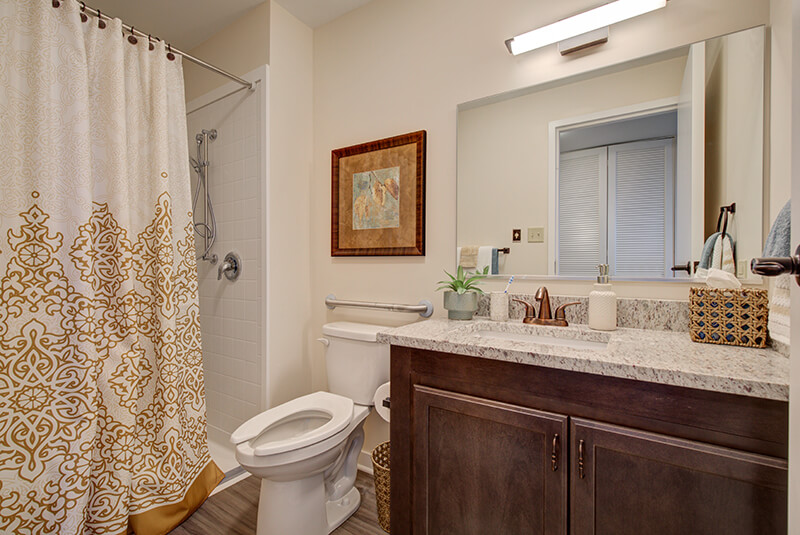 Private studio bathroom with modern vanity and safety features at Amazing Grace Senior Living