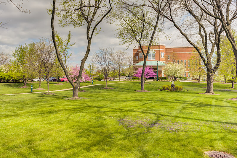 Green lawns and blooming trees on the landscaped campus of Amazing Grace Senior Living
